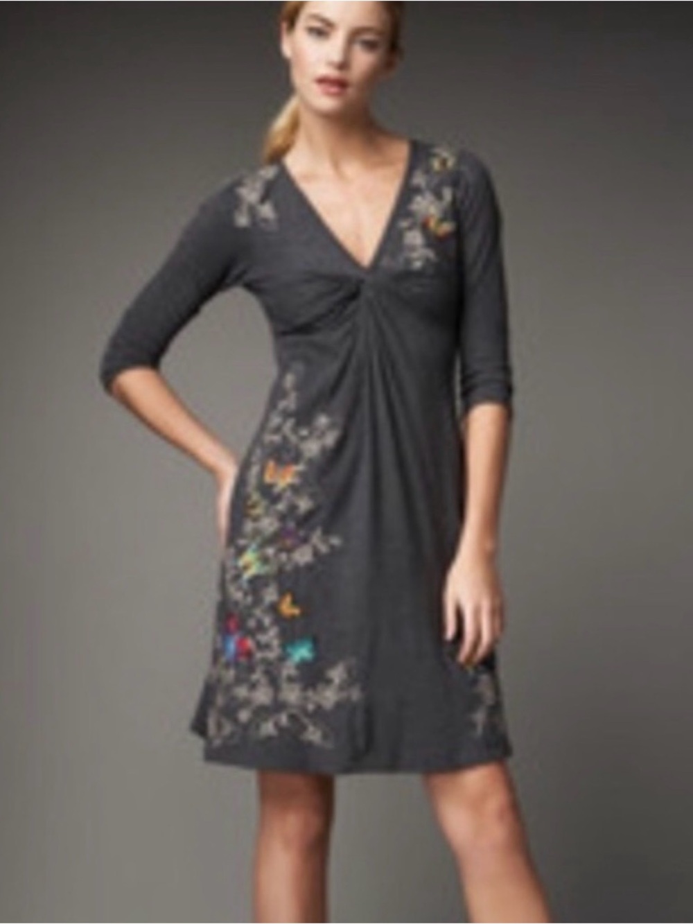 Johnny Was Charcoal Gray Embroidered V-Neck Midi Dress